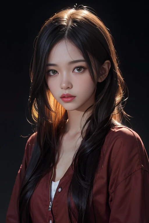 a 20 yo woman,long hair,dark theme, soothing tones, muted colors, high contrast, (natural skin texture, hyperrealism, soft light, sharp),red background, background,