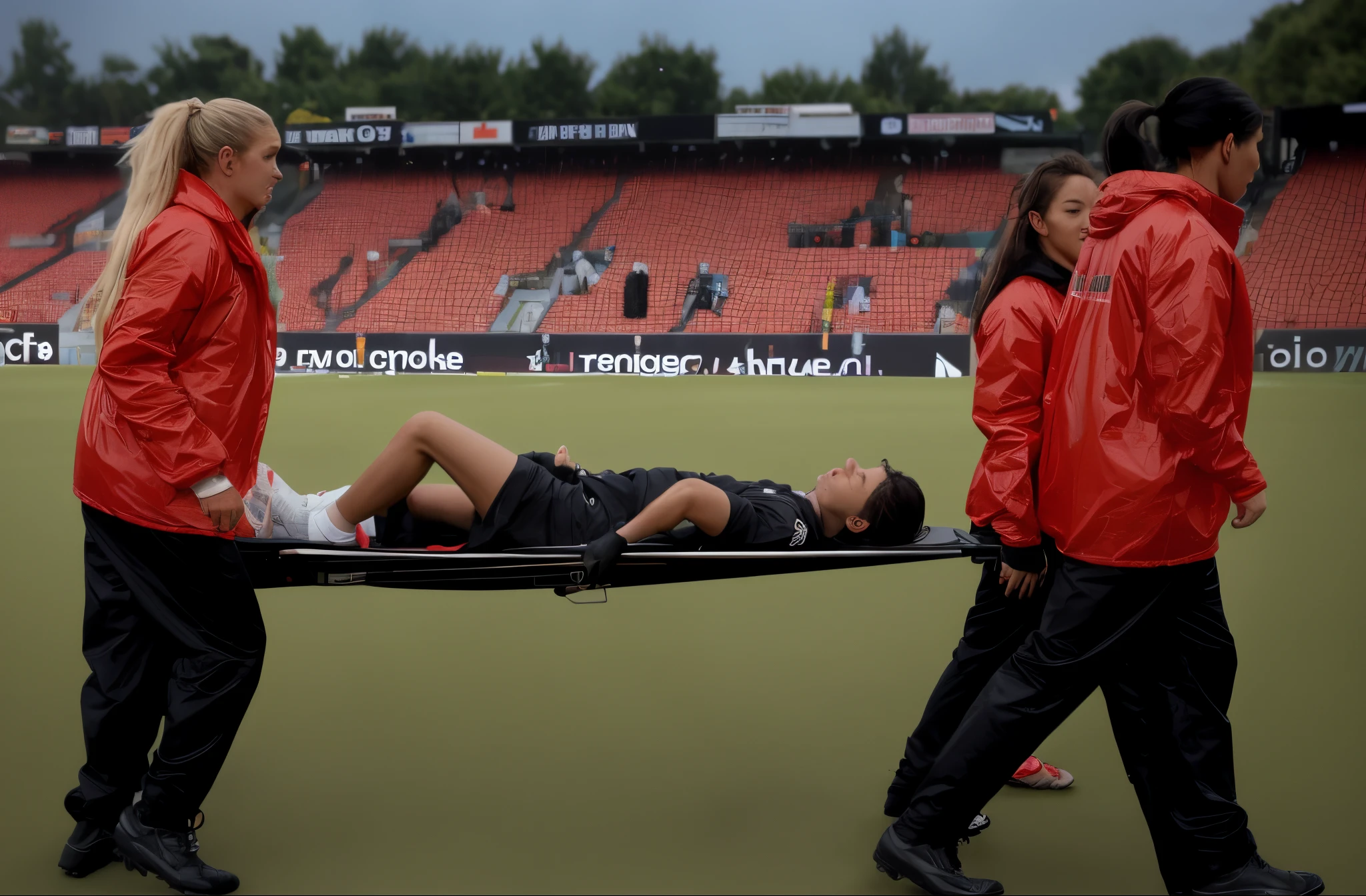 Soccer player is taken away on a stretcher, There is a man lying on his back on a stretcher with his hands grabbing his hurting leg, a man in a t-shirt and sports shorts has put his hands on his injured leg, the man has an agonised face looking to the sky, two horny looking longhaired and ponytailed women that are wearing very shiny coats, there are longhaired women with horny faces wearing laquered puffy coats, longhaired women are walking in wetlook puffy coats, several women walking around a football field with an injured athlete on a stretcher, the injured athlete on the stretcher is grabbing his injured leg with both hands, the women look very worried, behind the women there is a frightening atmosphere, there is heavy rainfall in the background, video still, behind the scenes, pity, china, erotic, horny, drama, very shiny orange vinyl fabric