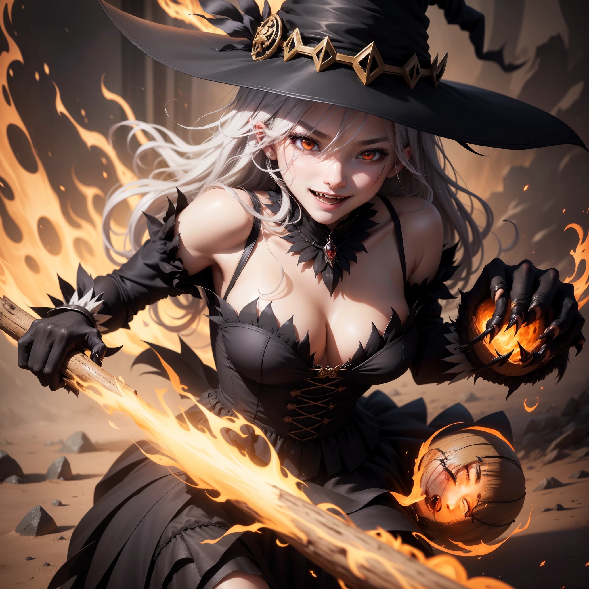 Illustration of witch beating with stick、A monster that combines terror and beauty、Sharp claws in soft and、cruel and、、ferocious、Relentless eyes、Smiling weirdly、messy hair、Emphasis on the power and charisma of demons、natta、full bodyesbian