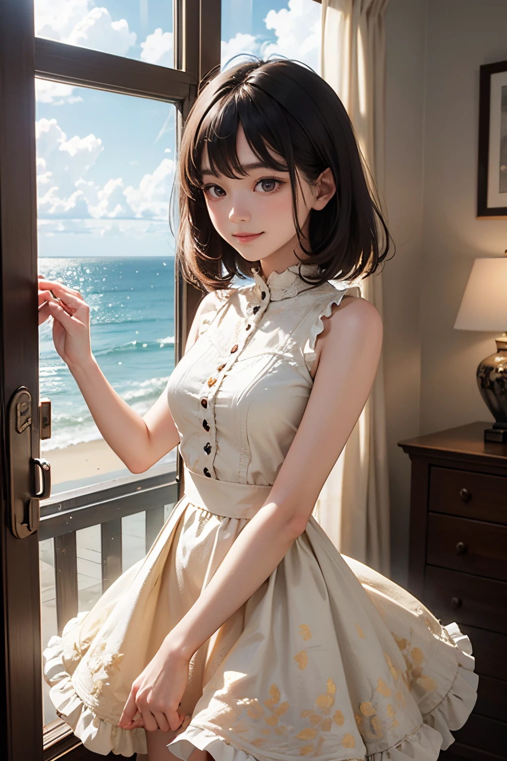 very cute and beautiful girl standing near window,floral yellow summer dress with detailed frills,sleeveless,
(highly detailed beautiful face and eyes:1.2),white bedroom with outside view,distant trees and ocean,
cowboy shot,(smile:1.2),medium hair,black hair,dynamic angle,(best quality,masterpiece:1.2),(intricate details),
extremely detailed,highres,1 girl,solo,natural lighting,light particles,beautiful detailed sky,