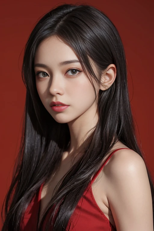 a 20 yo woman,long hair,dark theme, soothing tones, muted colors, high contrast, (natural skin texture, hyperrealism, soft light, sharp),red background, background,