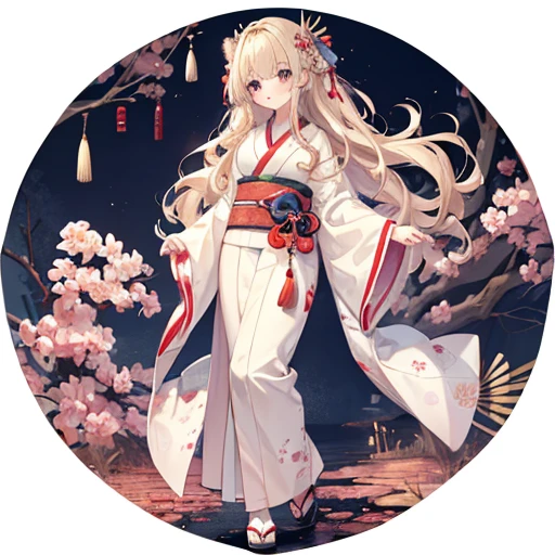 masutepiece, Best Quality, 1womanl, Beige hair:1.5、Wavy long hair、side swept bangs、独奏、wearing Japanese kimono、{{white backgrounid、 Background:1.8}}、full body Esbian
