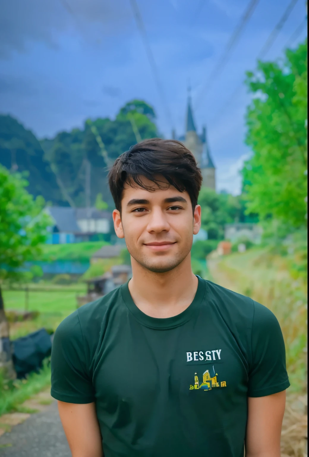 (((best quality))), high saturation, clear, reasonable structure, cartoon style, architecture, bridge, construction, castle, chimney, cloud, cloudy_sky, day, fantasy, door, grass, house, mountain, no_humans, outdoor, river, landscape, sky, sunset, tree, window, wheat field, wheat, jk maiden, smile, cute, blue skirt, white top