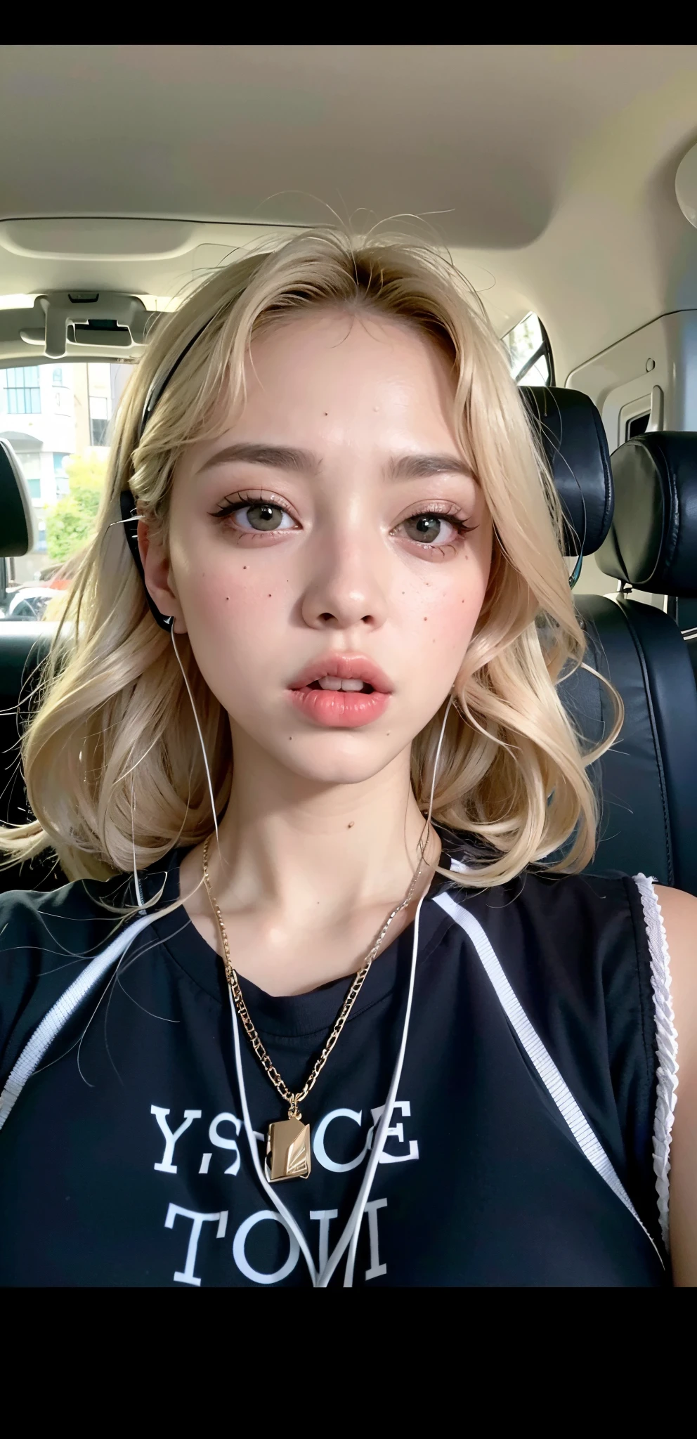 Blonde woman with headphones in the car with a funny expression on her face., labios carnosos, con mejillas redondas, Alexandra Waliszewska, Retrato Sophie Mudd, Cara sudorosa, Cara como Ester Exposito, cara de puchero, Pucheros, lengua fuera, labios gruesos, sin maquillaje, labios fruncidos, labios separados, lamer, linda cara tonta