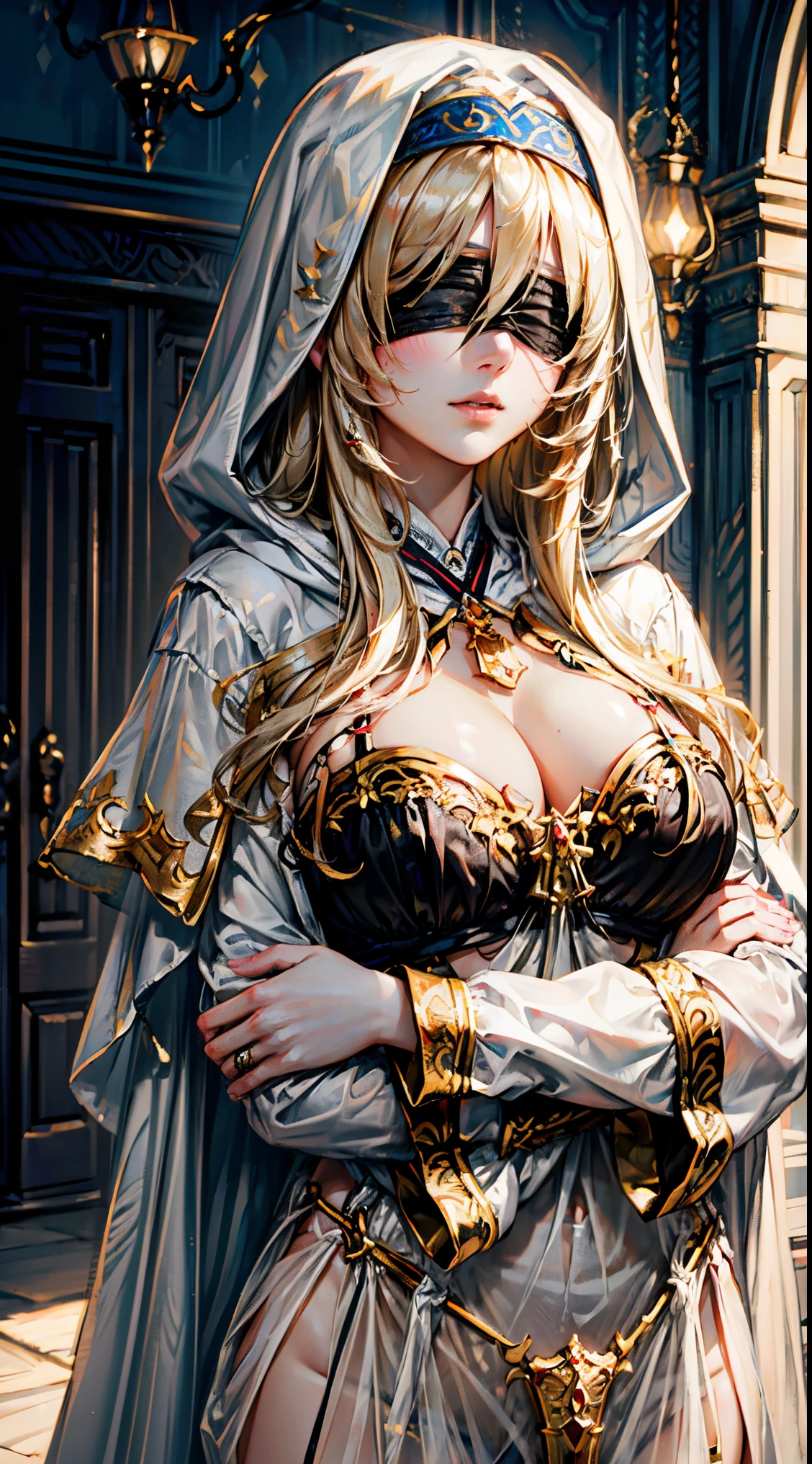 (masterpiece, top quality, best quality, official art, beautiful and aesthetic:1.2),full body, 1girl, priestess, long light blonde hair, messy hair, (wearing black blindfold:1.3), large breasts, cleavage, (white revealing robe, gold trim), (white hood:1.2), extreme detailed, colorful, perfect face, upper body, HDR, (light streaks), striking visuals, vibrant colors, temple background