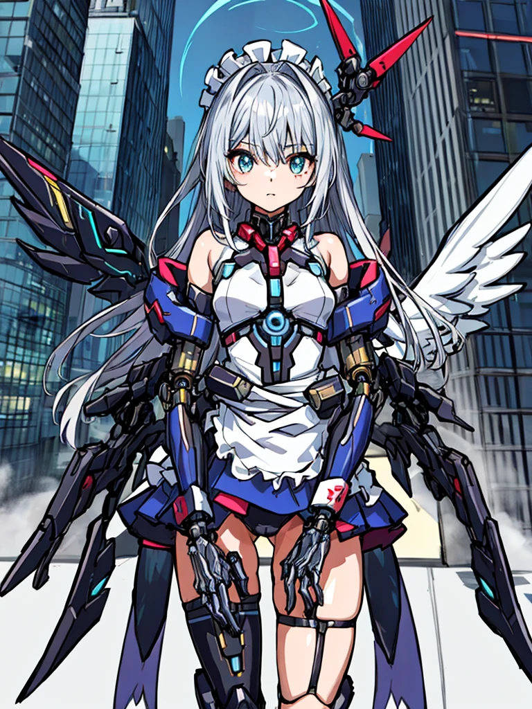 top-quality、ighly detailed、masterpiece、ultra-detailliert、illustratio、((1girl in))、silber hair、length hair、Floating hair、、Cyber City、Neon building、(The upper part of the body:1.05)、extremely_Detailed_Eyes_And_Face,cybernetic wings mechanical wings、Random posture、Skyscraper、、Mechumusume、shrine maiden clothe,maid clothes、Random angles、anime styled,cowboy shot