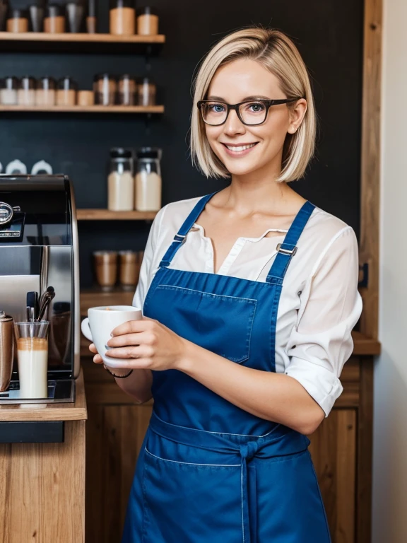 35 year old Scandinavian barista, makeup, Gorgeous, very short straight hair, Stand in a café, cute smile glasses
