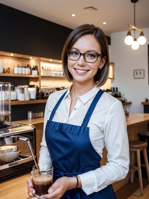 35 year old Scandinavian barista, makeup, Gorgeous, very short straight hair, Stand in a café, cute smile glasses