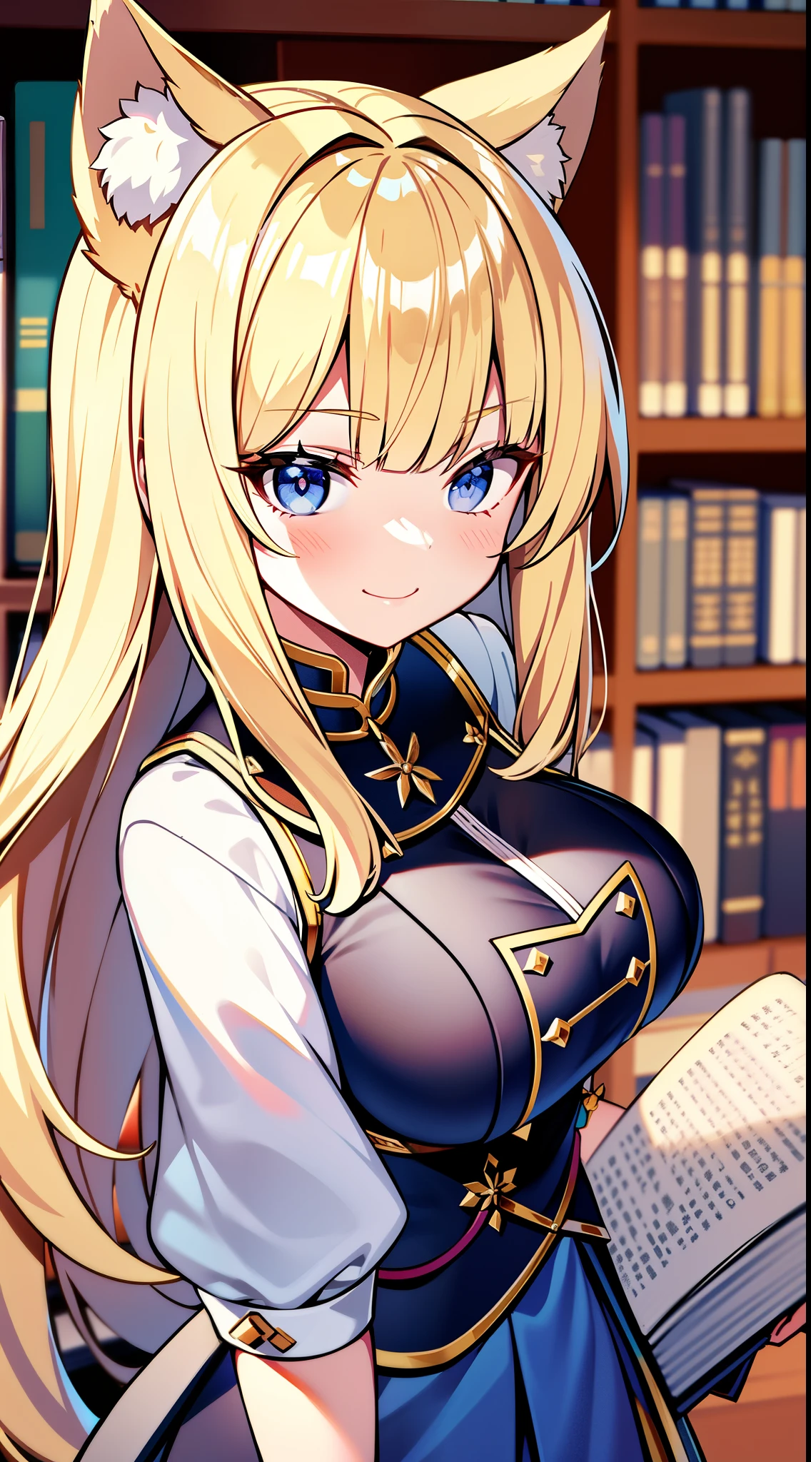 (Medium portrait:0.7), (best illuminate:1.1), (coiffed blonde hair:1.1), 1个Giant Breast Girl, Wolf ears, serious smile, Complex:0.6, medium, (ayaka:1.2), in the middle of the library, looking at book, Chopping:0.8, (canineteeth:0.4)