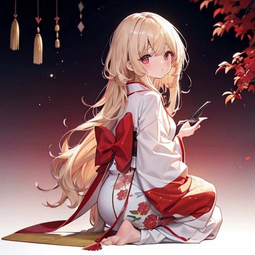 masutepiece, Best Quality, 1womanl, Beige hair:1.5、Wavy long hair、side swept bangs、独奏、wearing a Japanese red kimono、{{white backgrounid、 Background:1.8}}、full body Esbian