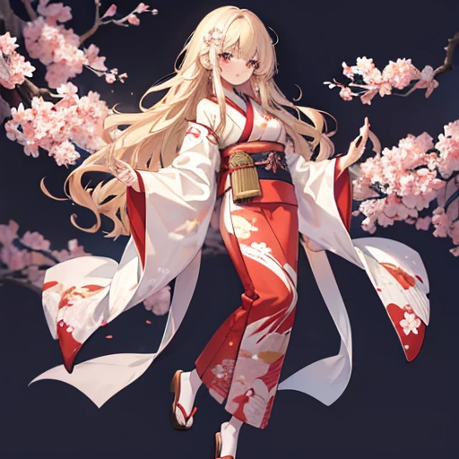 masutepiece, Best Quality, 1womanl, Beige hair:1.5、Wavy long hair、side swept bangs、独奏、wearing a Japanese red kimono、{{white backgrounid、 Background:1.8}}、full body Esbian