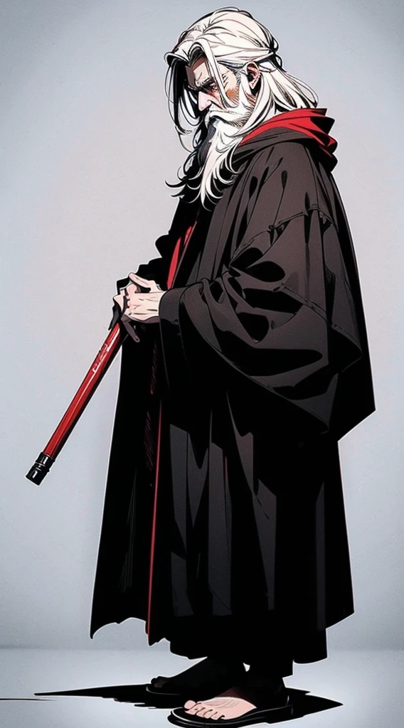 An white haired asian male with tanned skin,(the same person , 26 years old, having short white beard with long white hair and red eyes, wearing black robe), vagabond art style, kentaro miura art style, ( full body), detailed lighting and shadows, detailed, masterpiece,4k, good image, perfect face, good anatomy, full body, detailed, character design sheet, (the same character, front) front view, realistic, perfect face