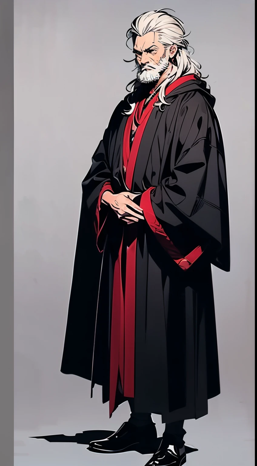 An white haired asian male with tanned skin,(the same person , 26 years old, having short white beard with long white hair and red eyes, wearing black robe), vagabond art style, kentaro miura art style, ( full body), detailed lighting and shadows, detailed, masterpiece,4k, good image, perfect face, good anatomy, full body, detailed, character design sheet, (the same character, front) front view, realistic