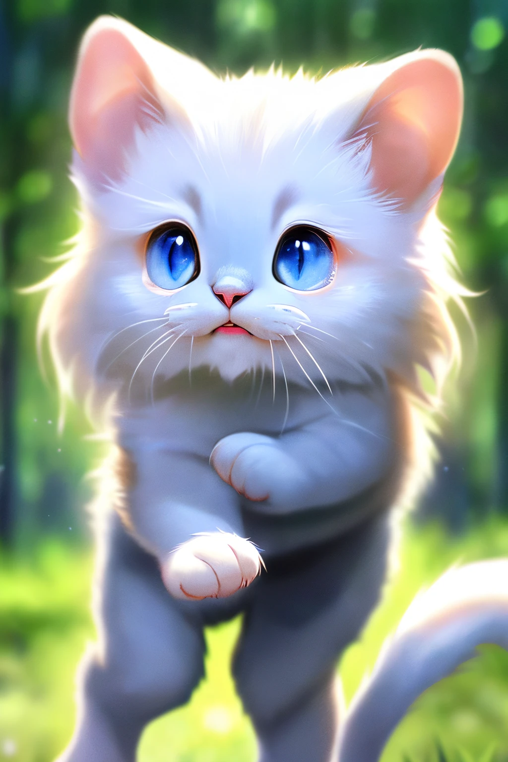 (Best Quality,4K,8K,hight resolution,masutepiece:1.2),Ultra-detailed,(Realistic,Photorealistic,Photorealsitic:1.37),Cute kitten trembling a little,Soft fur texture,Delicate foot pads,Expressive eyes,Adorable twitch beard,Vulnerability hints,gently flickering tail,,Playful stance,Artistic Cat Illustration,subtle color palette,Natural lighting,blue eyess,White hairs