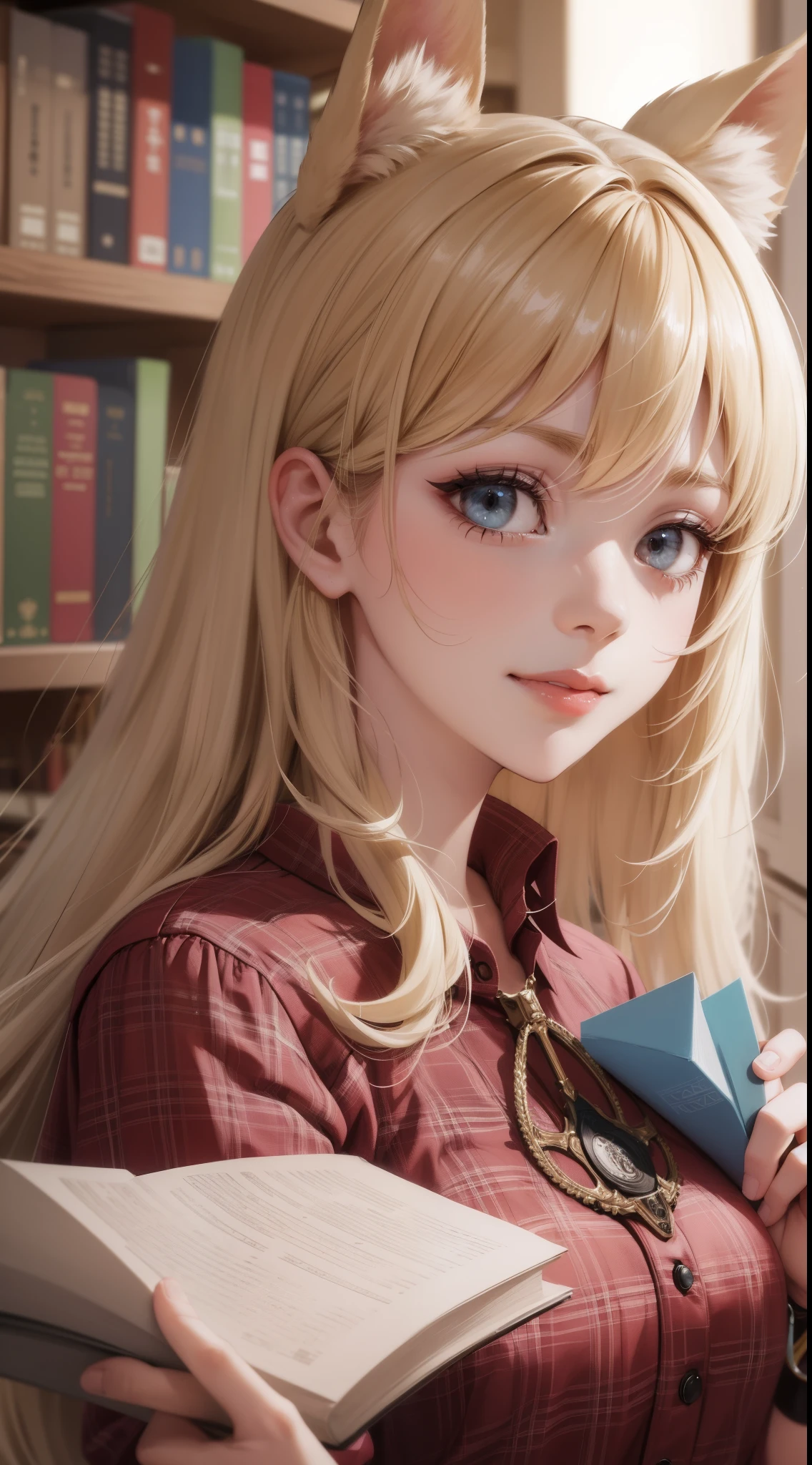 (Medium portrait:0.7), (best illuminate:1.1), (coiffed blonde hair:1.1), 1个Giant Breast Girl, Wolf ears, serious smile, Complex:0.6, medium, (ayaka:1.2), in the middle of the library, looking at book, Chopping:0.8, (canineteeth:0.4)