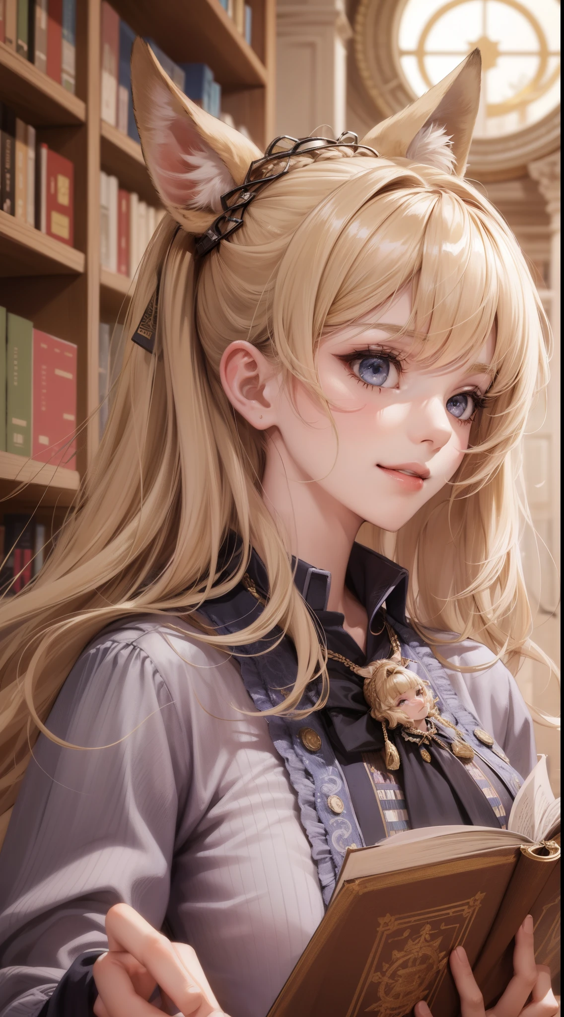(Medium portrait:0.7), (best illuminate:1.1), (coiffed blonde hair:1.1), 1个Giant Breast Girl, Wolf ears, serious smile, Complex:0.6, medium, (ayaka:1.2), in the middle of the library, looking at book, Chopping:0.8, (canineteeth:0.4)