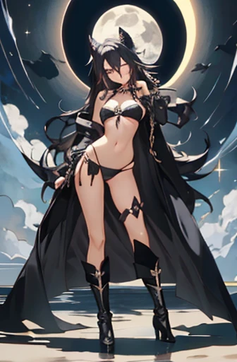 girl, long black hair, moonlight, black bikini, black cloak, black eyes, black boots, ((seductive pose)), silver chains, wink, full body