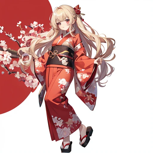 masutepiece, Best Quality, 1womanl, Beige hair:1.5、Wavy long hair、side swept bangs、独奏、Wearing a Japan red kimono、{{White background、 Background:1.8}}、full body Esbian