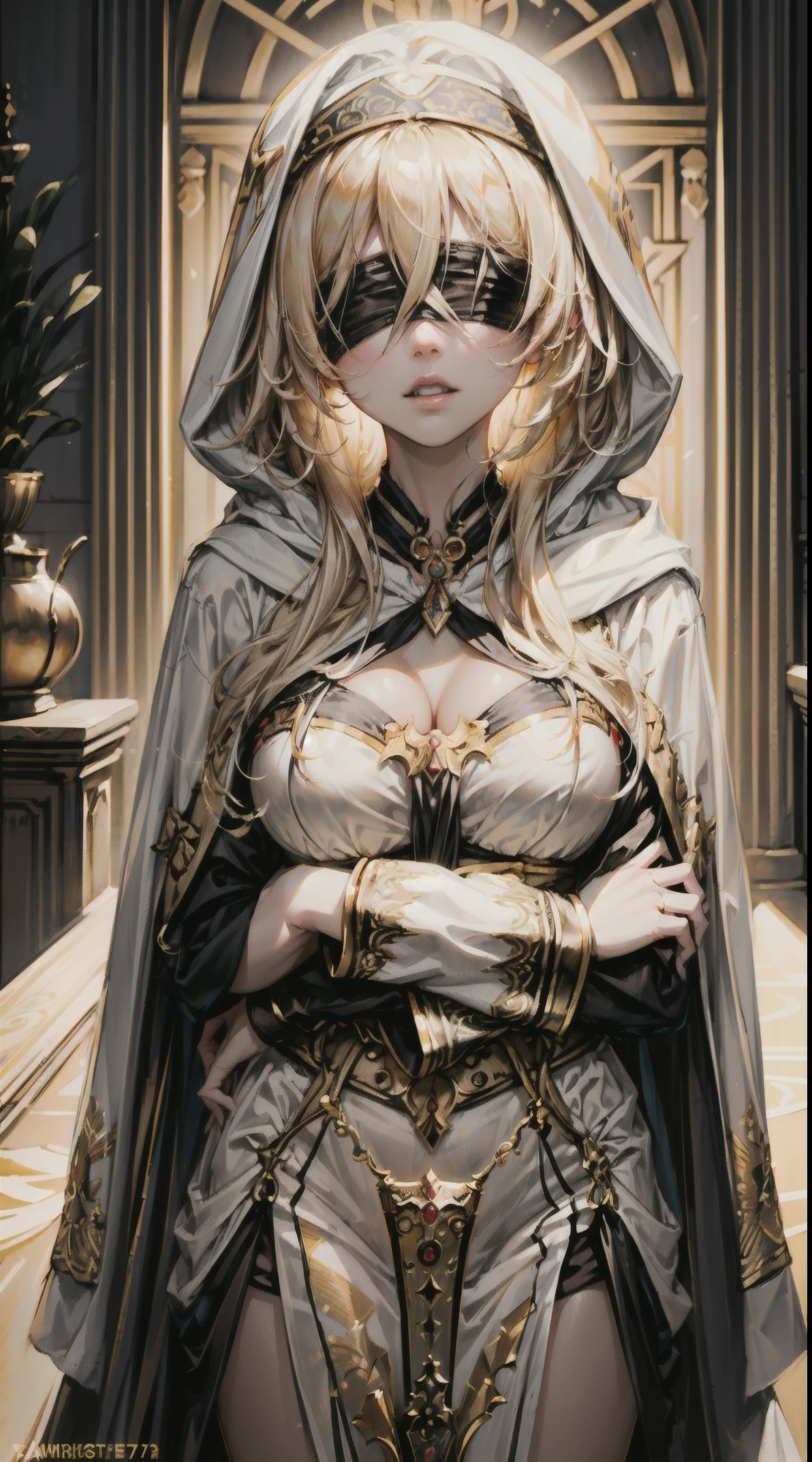 (masterpiece, top quality, best quality, official art, beautiful and aesthetic:1.2),full body, 1girl, priestess, long light blonde hair, messy hair, (wearing black blindfold:1.3), large breasts, cleavage, (white revealing robe, gold trim), (white hood:1.2), extreme detailed, colorful, perfect face, upper body, HDR, (light streaks), striking visuals, vibrant colors, temple background