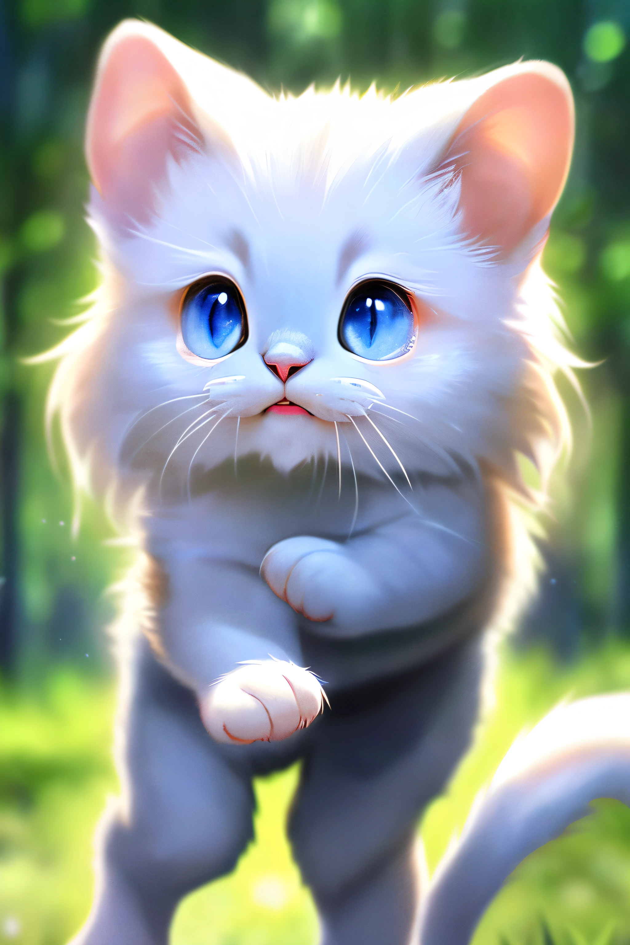 (Best Quality,4K,8K,hight resolution,masutepiece:1.2),Ultra-detailed,(Realistic,Photorealistic,Photorealsitic:1.37),Cute kitten trembling a little,Soft fur texture,Delicate foot pads,Expressive eyes,adorable twitching beard,Vulnerability hints,gently flickering tail,,,Playful stance,Artistic Cat Illustration,subtle color palette,Natural lighting，blue eyess，White hairs