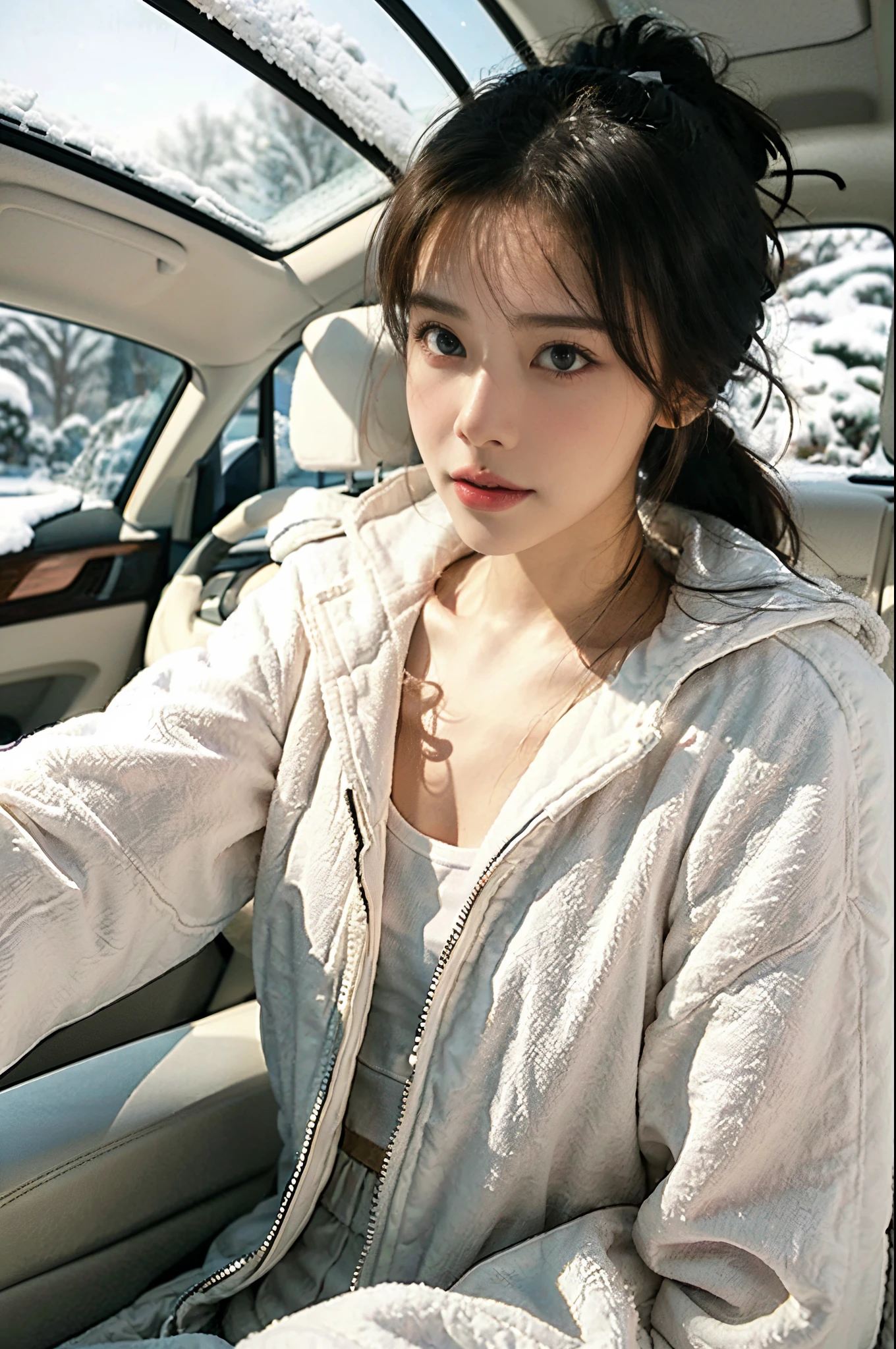 (very short ponytail:1.1),(Extremely meticulous CG),(((8k))),(wallpaper),(Extremely refined and beautiful),(((Masterpiece))),(((best qualtiy))),(((Ultra High Resolution)))，beautiful light up，Perfect lightning，realistic shaded，[A high resolution],(Smooth and flawless fair skin:1.5),Extremely exquisite facial details,(perfect body：1.1），ultra - detailed，A beautiful girl,small head,glasses,small face,(Small breasts:1.1)，Flat chests，slim，thin，Smile,happy,(female orgasmic:1.3),(blush:1.3),(white puffy coat:1.4),(underneath the coat was white tank top:1.2),((outside of the car is snowscape)),Morning,(In a private car:1.3),A female driver,sitting,(Looking at the front window:1.3),(Honda Steering wheel:1.3),Detailed interior layout,intently driving car,from front,upper body,clavicle
