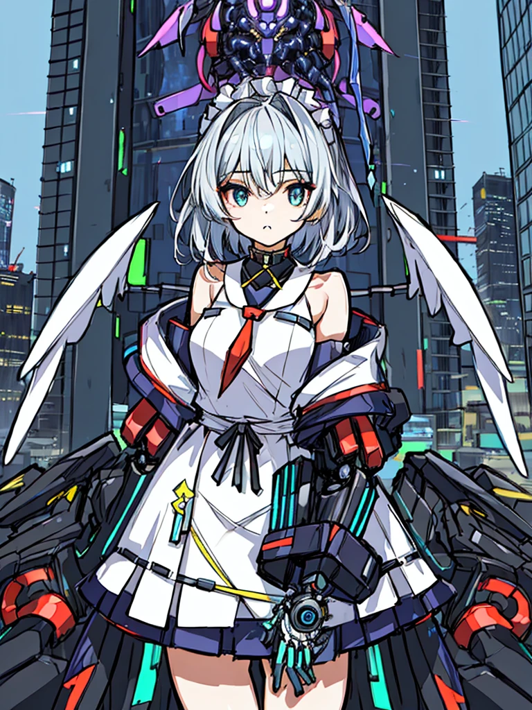 top-quality、ighly detailed、​masterpiece、ultra-detailliert、illustratio、((1girl in))、silber hair、length hair、Floating hair、、Cyber City、Neon building、(The upper part of the body:1.05)、extremely_Detailed_Eyes_And_Face,cybernetic wings mechanical wings、Random posture、Skyscraper、、Mechumusume、shrine maiden clothe,maid clothes、Random angles、anime styled,cowboy  shot