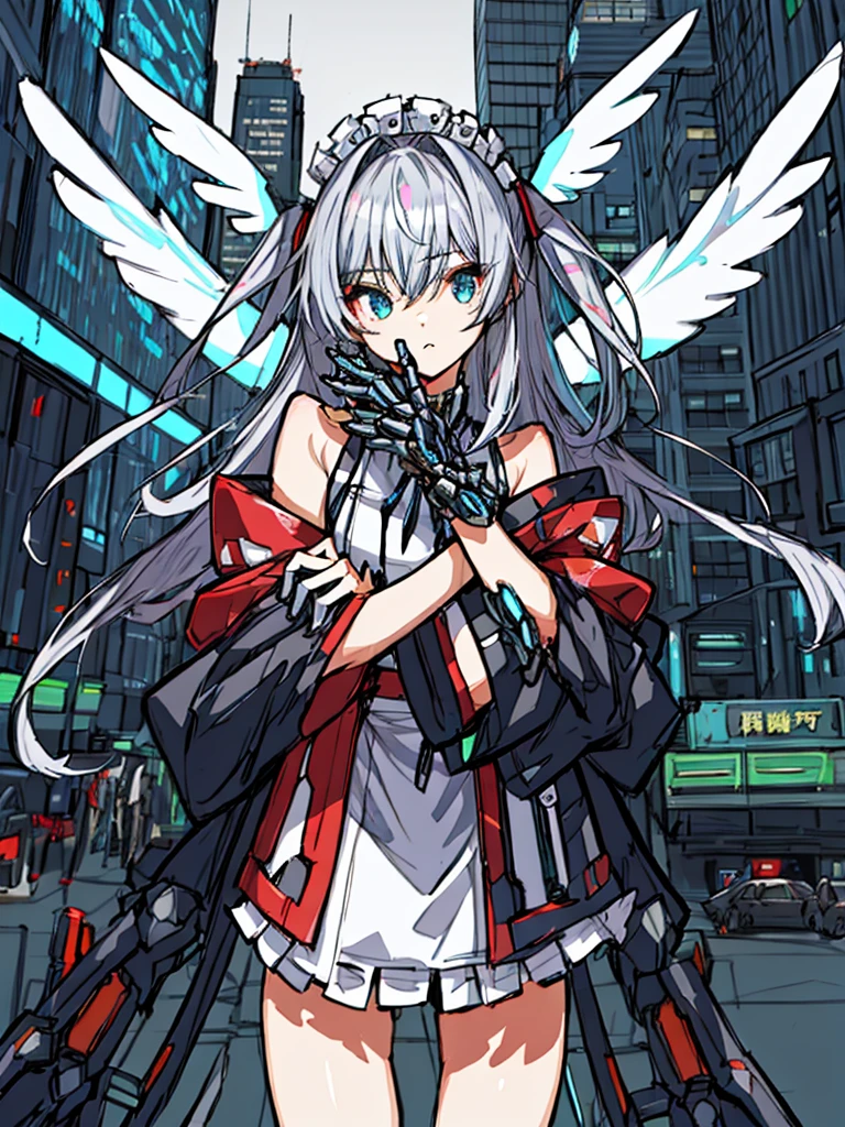 top-quality、ighly detailed、masterpiece、ultra-detailliert、illustratio、((1girl in))、silber hair、length hair、Floating hair、、Cyber City、Neon building、(The upper part of the body:1.05)、extremely_Detailed_Eyes_And_Face,cybernetic wings mechanical wings、Random posture、Skyscraper、、Mechumusume、shrine maiden clothe,maid clothes、Random angles、anime styled,cowboy shot