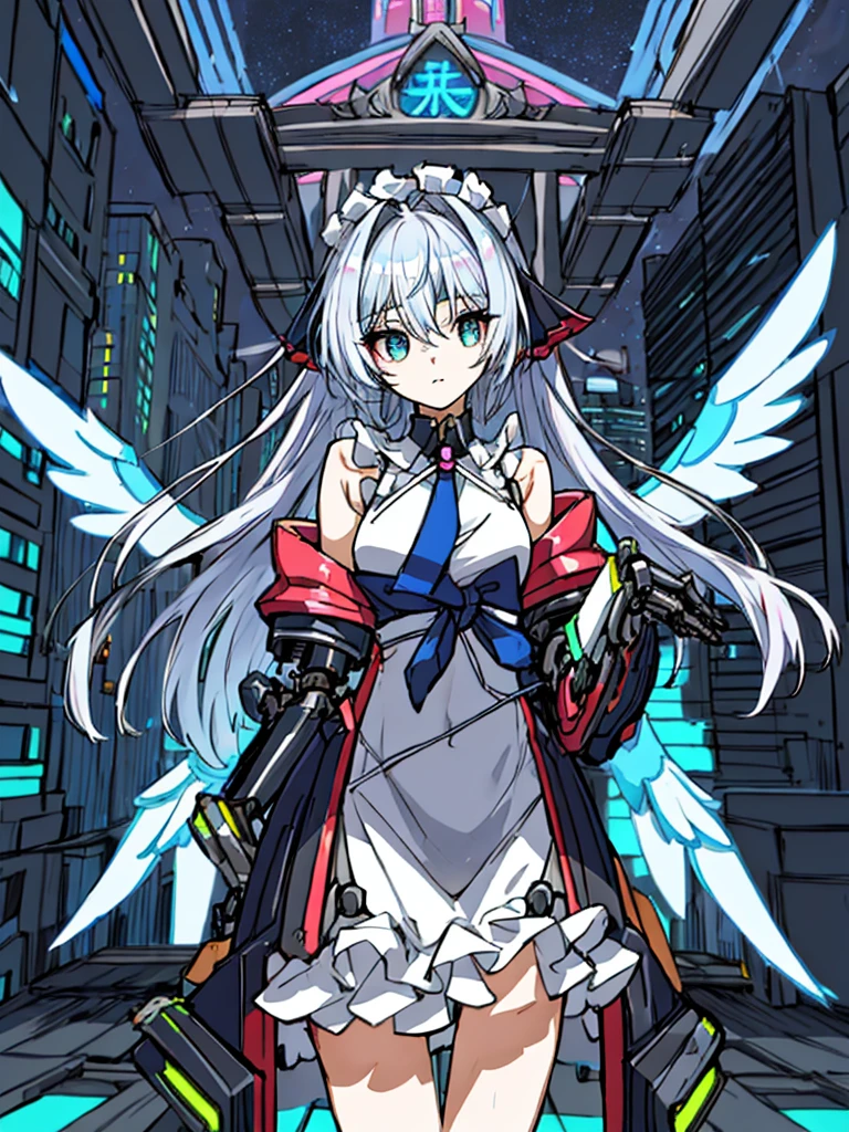 top-quality、ighly detailed、​masterpiece、ultra-detailliert、illustratio、((1girl in))、silber hair、length hair、Floating hair、、Cyber City、Neon building、(The upper part of the body:1.05)、extremely_Detailed_Eyes_And_Face,cybernetic wings mechanical wings、Random posture、Skyscraper、、Mechumusume、shrine maiden clothe,maid clothes、Random angles、anime styled,cowboy  shot