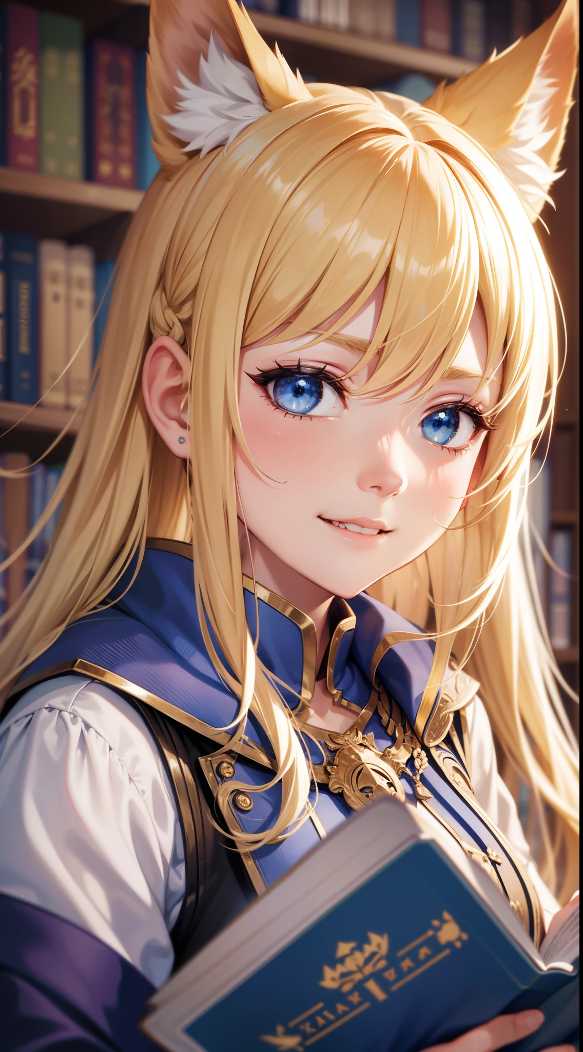 (Medium portrait:0.7), (best illuminate:1.1), (coiffed blonde hair:1.1), 1个Giant Breast Girl, Wolf ears, serious smile, Complex:0.6, medium, (ayaka:1.2), in the middle of the library, looking at book, Chopping:0.8, (canineteeth:0.4)