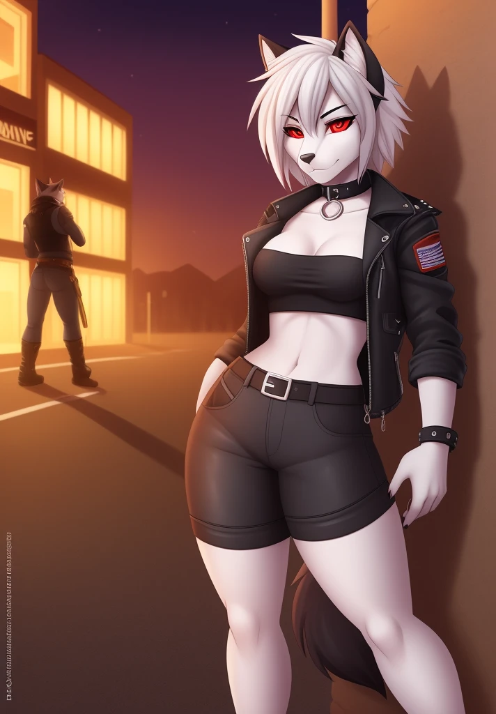 wolfy-nail, by wolfy-nail, anthro, lycanroc, hellhound, ((dark grey fur)), female, solo, 1woman, ((very small breasts)), ((tiny breasts)), leather shorts, husky tail, ((shaggy hair)), ((short white hair)), on e621, choker, leather collar, detailed body, punk style, red sclera, white pupils, digitigrade legs, inviting viewer, ((tube top)), ((mad max jacket)), shoulder pad on right shoulder, street scene, ((fully clothed))