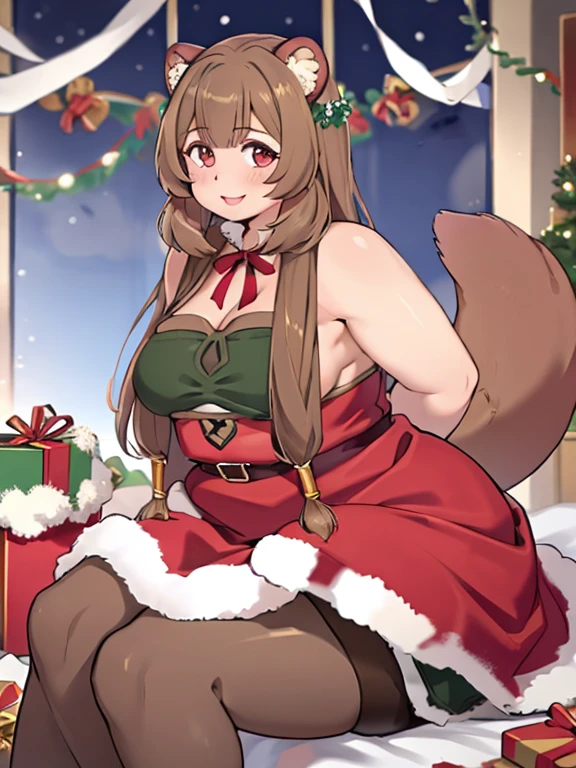 (masterpiece, best quality:1.2), solo, 1girl, obese raphtalia, smile, looking at viewer, arms behind back, obese body, sexy christmas outfit, pantyhose, raccoon tail, indoors