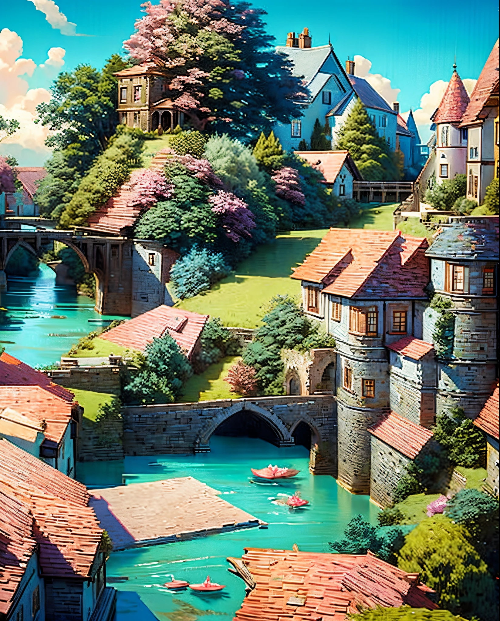 a painting of a river with flowers and a bridge, medeival fantasy town, beautiful detailed scene, highly detailed and beautiful, beautiful insanely detailed, full of colors and rich detail, intricate detailed 8 k, fairy tale place, beautiful cityscape, intricate scenery, incredibly high detailed, detailed scenery, highly detailed beautiful, fantasy town setting, very high detailed, incredible detailed