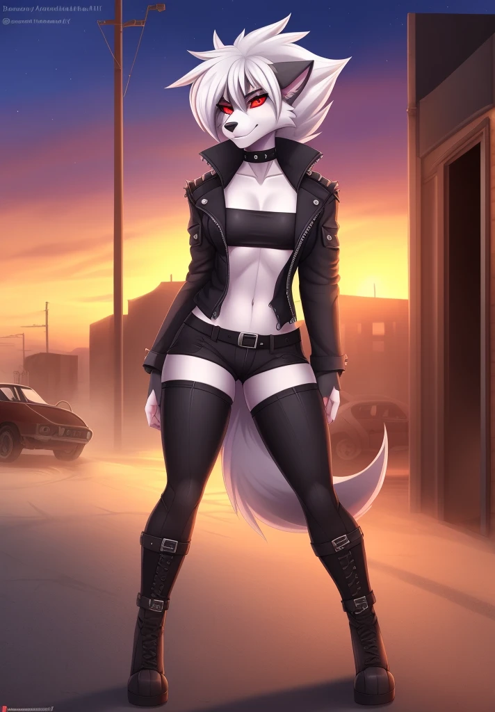 4k highly detailed realistic digital extremely high quality drawing, masterpiece, (by cutesexyrobutts), (uploaded on e621), (a three-quarters portrait of Loona from Helluva Boss), (wearing a leather jacket), (beautiful and detailed eyes: 1.1), anthro wolf, fur, seductive, sexy, voluptuous, curvy body, cinematic lighting, (f1.8 short focus bokeh)