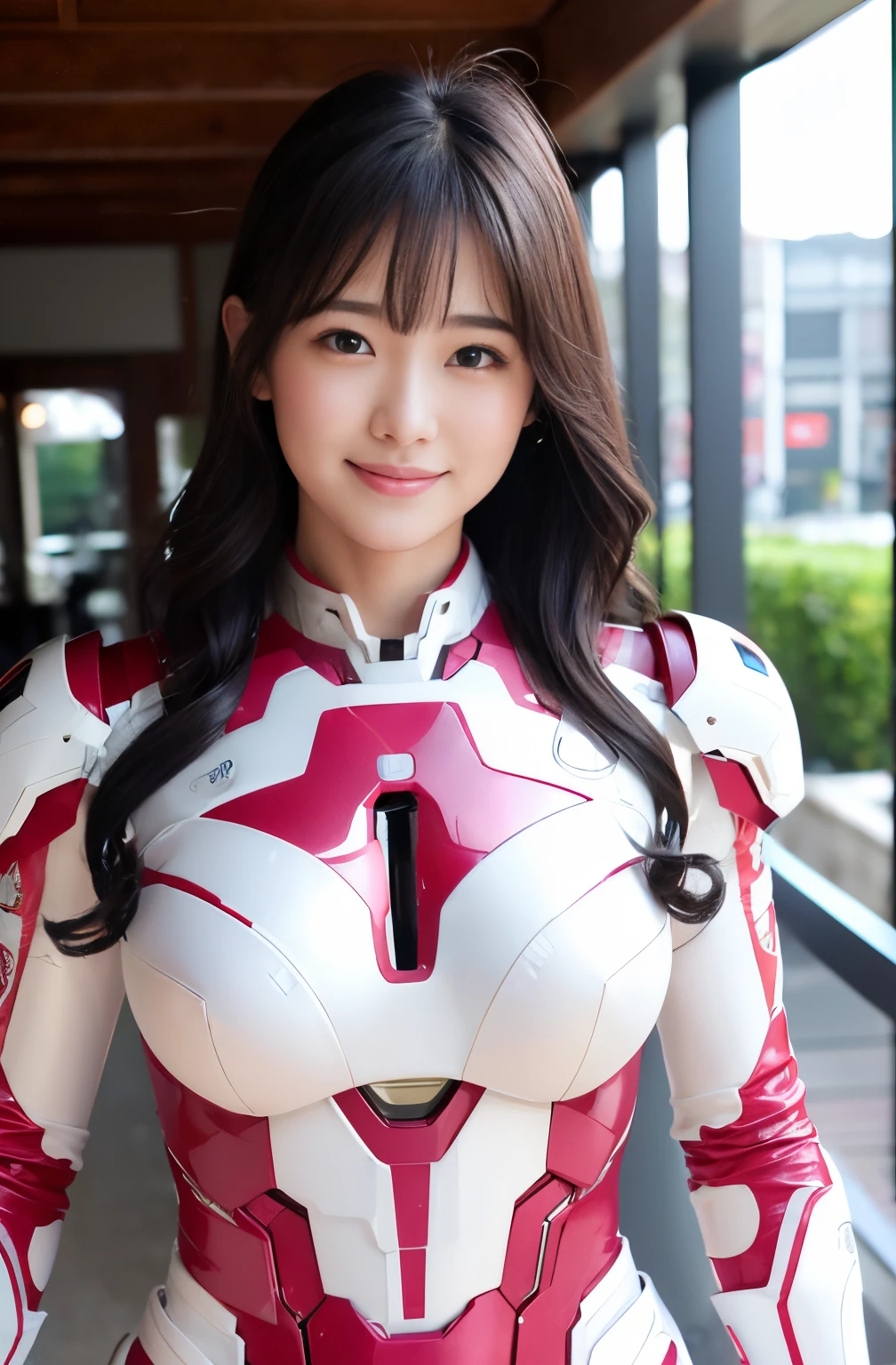 （ultra best quality、in 8K、masuter piece、delicate illustration、full body Esbian）,Wearing a pink and white Iron Man suit、A beautiful and bewitching Japanese 25-year-old woman、Plump body、Curly black hair、A slight smil、cafes、dynamicposes