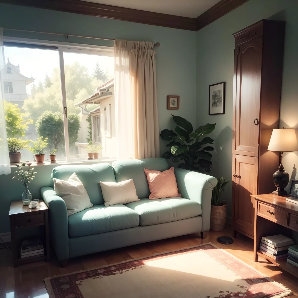 Isometric room, pure white background, best quality, ((low polygon), (hyper-realistic, uniform 8k wallpaper), (best quality), (best illustration), (best shadow), ((living room)), Chinese style, pastel tones, light curtain, carpet, wine cabinet, cotton and linen sofa, wooden furniture, soft light, plants, painting, vase, octane rendering, ray tracing, super detailed