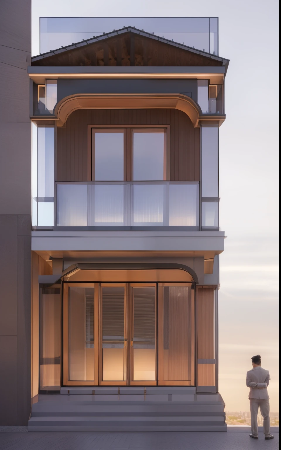 a drawing of a man standing in front of a tall building, height realistic details, balcony door, frontview, 2 d render, extremely high level of detail, an extremely detailed building, exterior design, balcony, realistic building, orthographic front view, highly detailed architecture, 3 d highly detailed, 3d highly detailed, comprehensive 2 d render, orthographic 3d rendering
