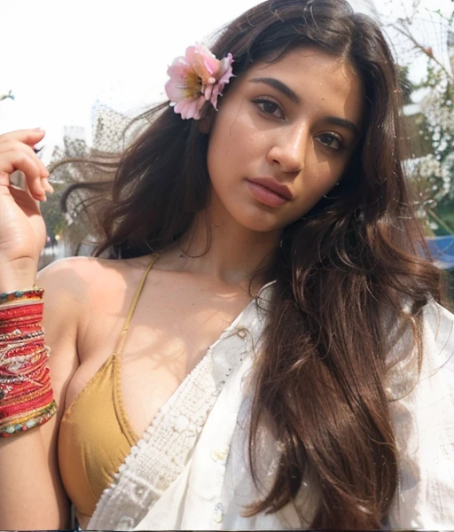 (Best quality, Ultra-detailed, Masterpiece:1.5), Photorealistic photograph of a beautiful pakistani woman. The woman should have a flawless, highly detailed face (Highly Detailed Skin) with soft, luminous skin. Her long hair should be naturally brown and stylishly arranged. (Perfect Eyes:1.2). The photography should feature high-quality film grain (ISO 400, 30mm lens RAW f1.8 aperture.
