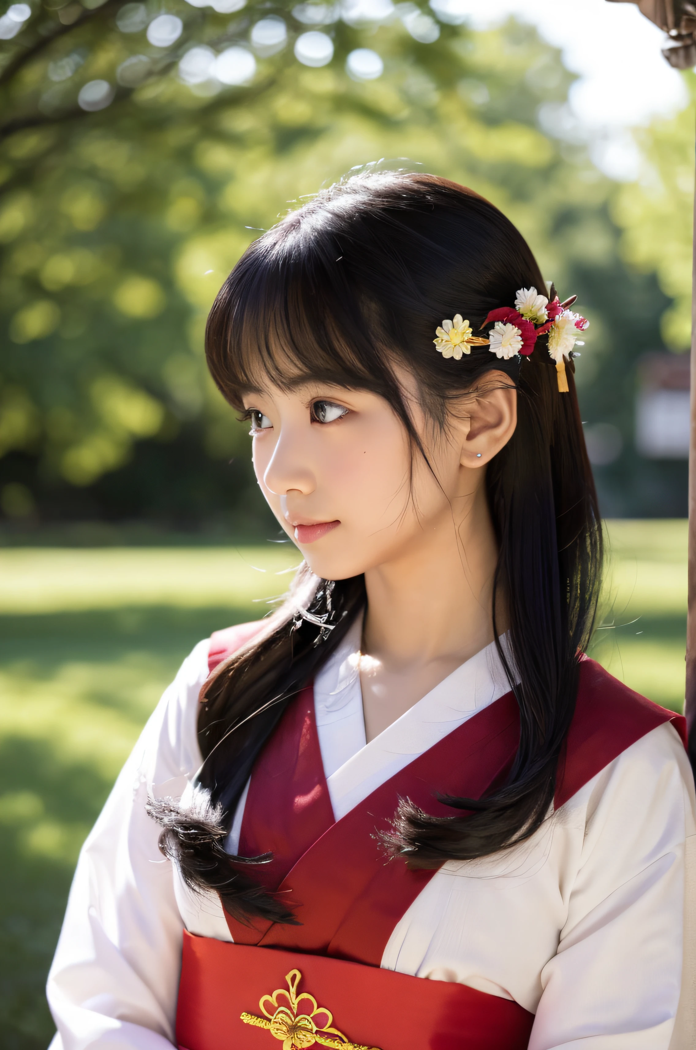 girl with shrine maiden Kimono hair adornments A dark-haired real face Sunlight Mystical