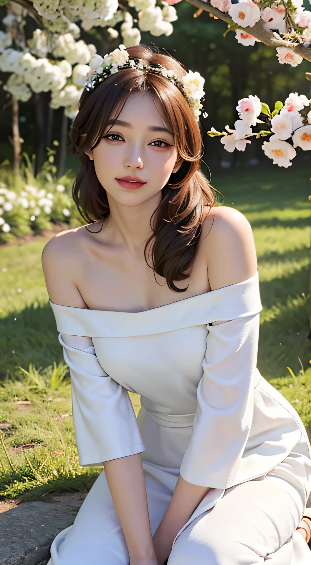 Best quality, masterpiece, ultra high res, (photorealistic:1.4), raw photo, 1girl, white dress, off shoulder, blossom flower field, glowing skin, light smile