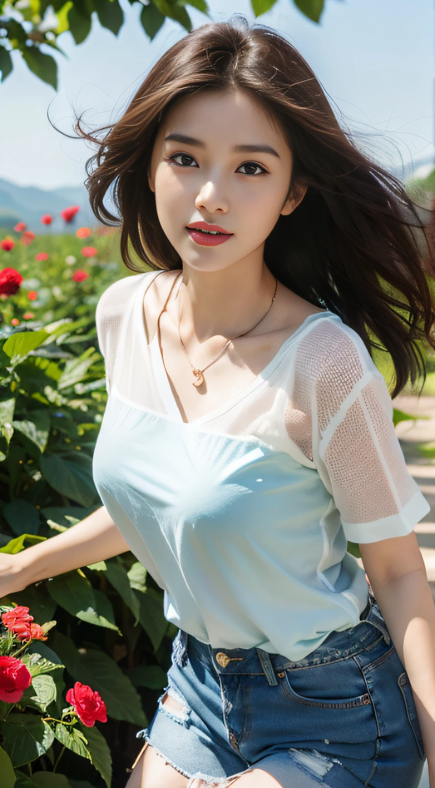 Couple wearing blue shirts and denim shorts posing for photo, gorgeous young korean woman, beautiful Korean women, beautiful young korean woman, Korean fashion model, Cui Xianhua, Dried up，and the sun was shining brightly, Short hair details, Lee Ji-eun, lee ji eun, Korean girls, Nam Jae-yeon, Huang Shishi