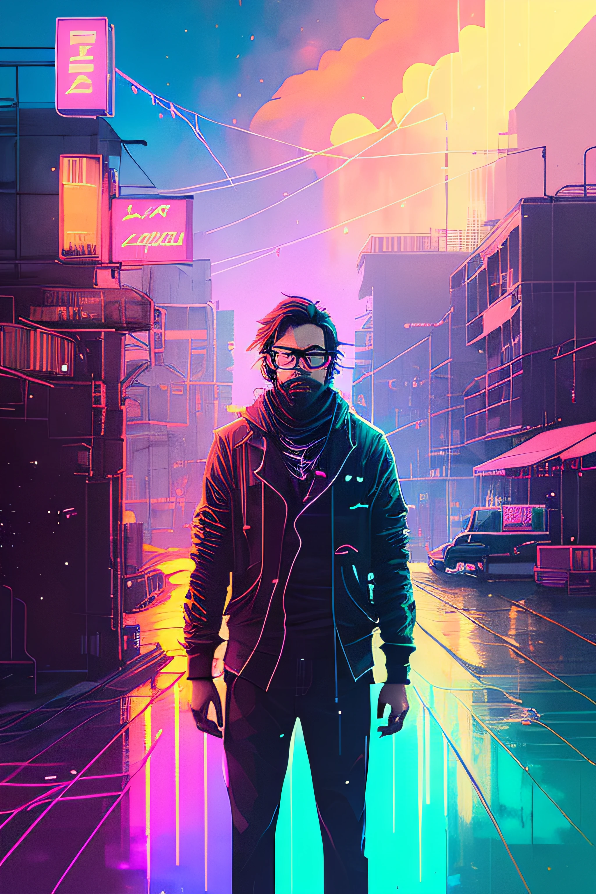Snthwve Nvinkpunk style drunk man with glasses, Barba curta fofa como Sandman rave, (hallucinating colorful soap bubbles), por Jeremy Mann, Por Sandra Chevrier, por dave mckean e richard avedon e maciej kuciara, Punk rock, menina do tanque, alto detalhado, 4k, RTX