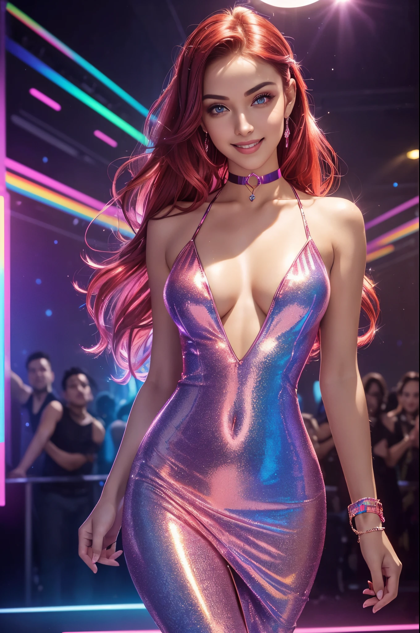 high quality, masterpiece, (realistic, photo-realistic:1.2) ,high definition, ultra detailed, raw photo,fcPortrait, Petite woman, her every feature bathed in the playful glow of a pink color scheme, captivating and mesmerizing, ((bodycon dress adorned with iridescent hues, reflecting light in a dazzling display, Holographic gems delicately reflecting a rainbow of colors, slender choker adding a touch of elegance)), shimmering with lustrous hues matching the holo scheme, holographic makeup adorning her eyes and lips, shimmering body glitter on her chest and cleavage, Sleek waves of red hair, shimmering with lustrous hues, raver-infused ambiance, magnetic presence exuding grace, confidence, and a unique allure that captures all attention, ((rave background, laser lights, indoors)), ((dancing, smiling)), dynamic pose, dynamic angle,glossy eyes,cinematic shot,vibrant colors,gorgeous colors,dynamic action pose,