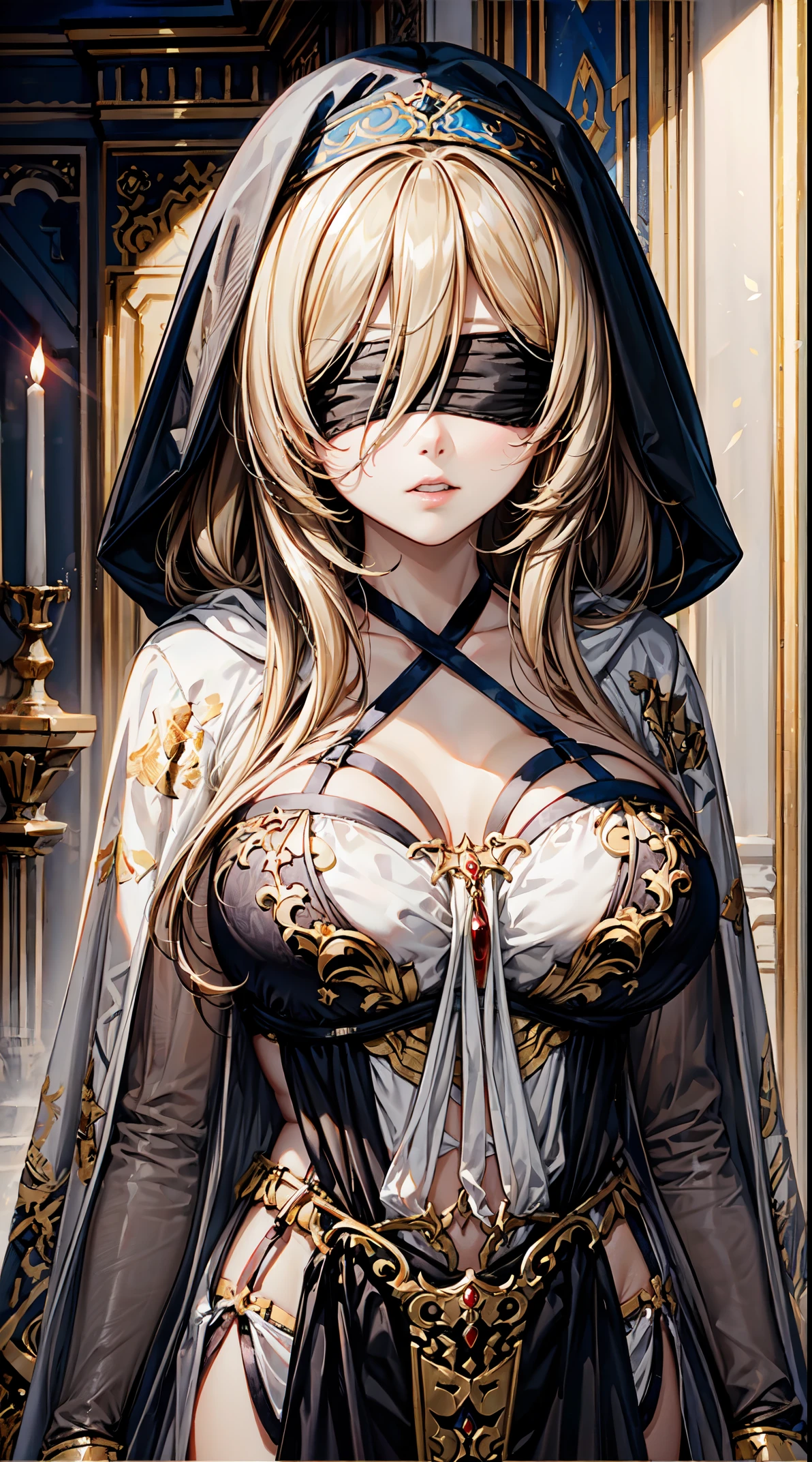 (masterpiece, top quality, best quality, official art, beautiful and aesthetic:1.2),full body, 1girl, priestess, long light blonde hair, messy hair, (wearing black blindfold:1.3), large breasts, cleavage, (white revealing robe, gold trim), (white hood:1.2), extreme detailed, colorful, perfect face, upper body, HDR, (light streaks), striking visuals, vibrant colors, temple background