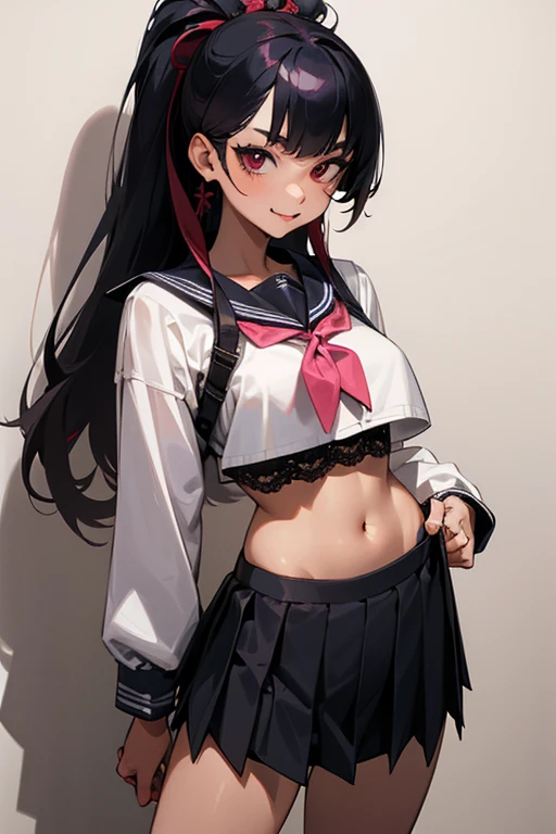 A tall, Japanese girl with smooth, tan skin, red pupils and long, black hair that turns pink near the ends. She has pretty, elegantly defiant and delightfully delinquent-like features. She's posing as if she's a model taking a picture with her hips cocked to the side and her tongue sticking out while facing to the side of the camera. She's wearing a sailor uniform with a an overly short blouse that shows her stomach and only has the top button done, partially revealing her black lace bra. Her black pleated skirt hangs low, showing the straps of her black thong.