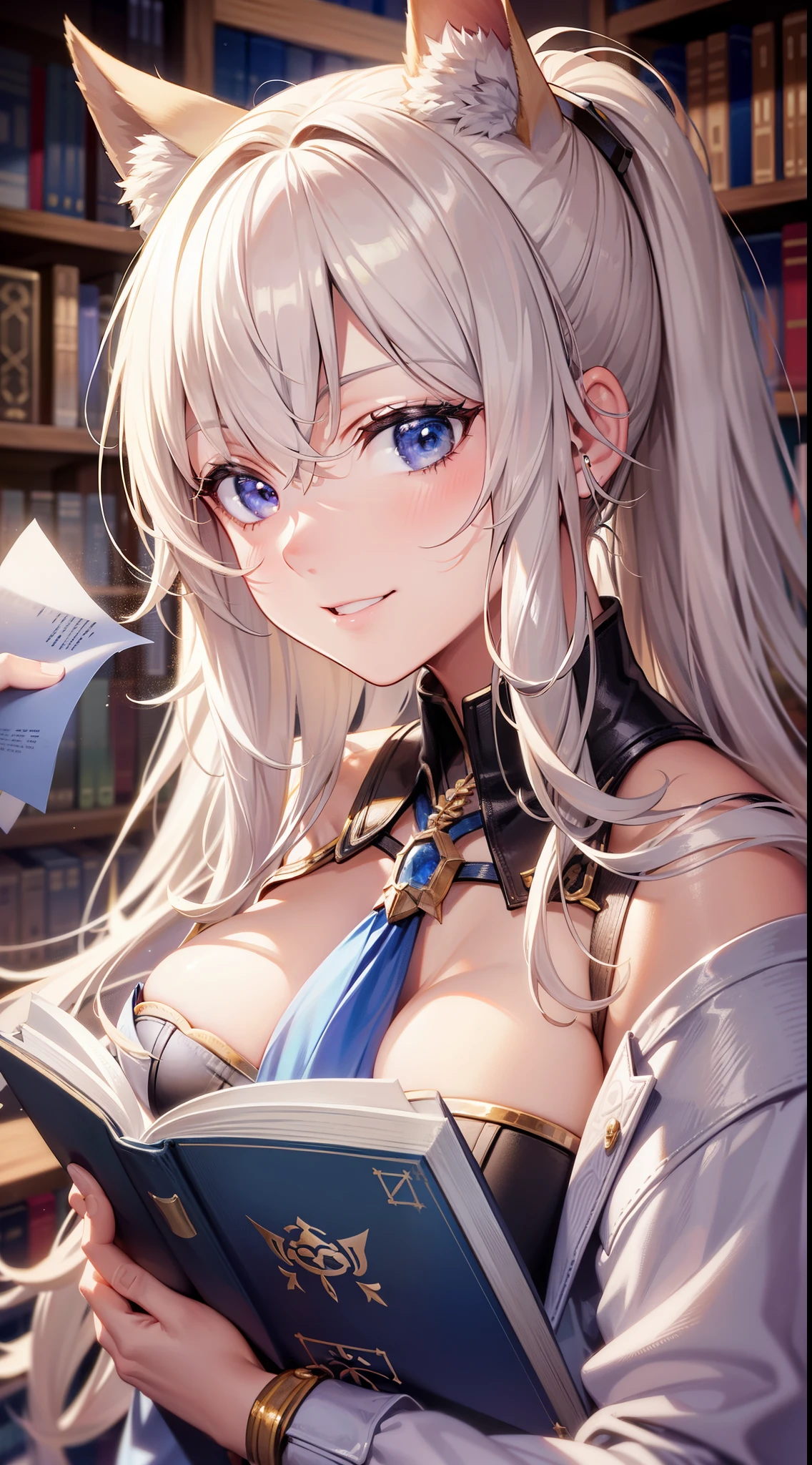 (Medium portrait:0.7), (best illuminate:1.1), (coiffed blonde hair:1.1), 1个Giant Breast Girl, Wolf ears, serious smile, Complex:0.6, medium, (ayaka:1.2), in the middle of the library, looking at book, Chopping:0.8, (canineteeth:0.4)