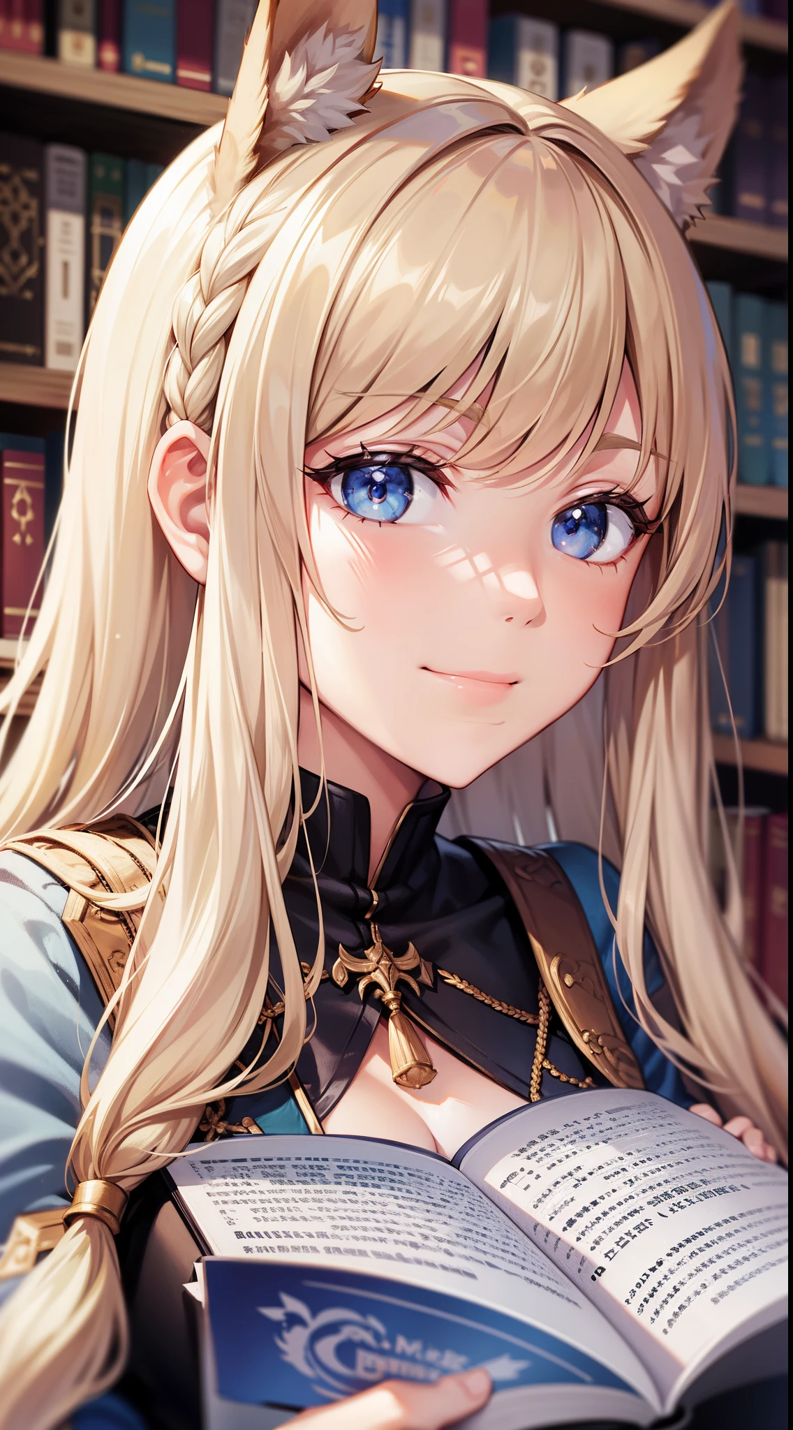 (Medium portrait:0.7), (best illuminate:1.1), (coiffed blonde hair:1.1), 1个Giant Breast Girl, Wolf ears, serious smile, Complex:0.6, medium, (ayaka:1.2), in the middle of the library, looking at book, Chopping:0.8, (canineteeth:0.4)