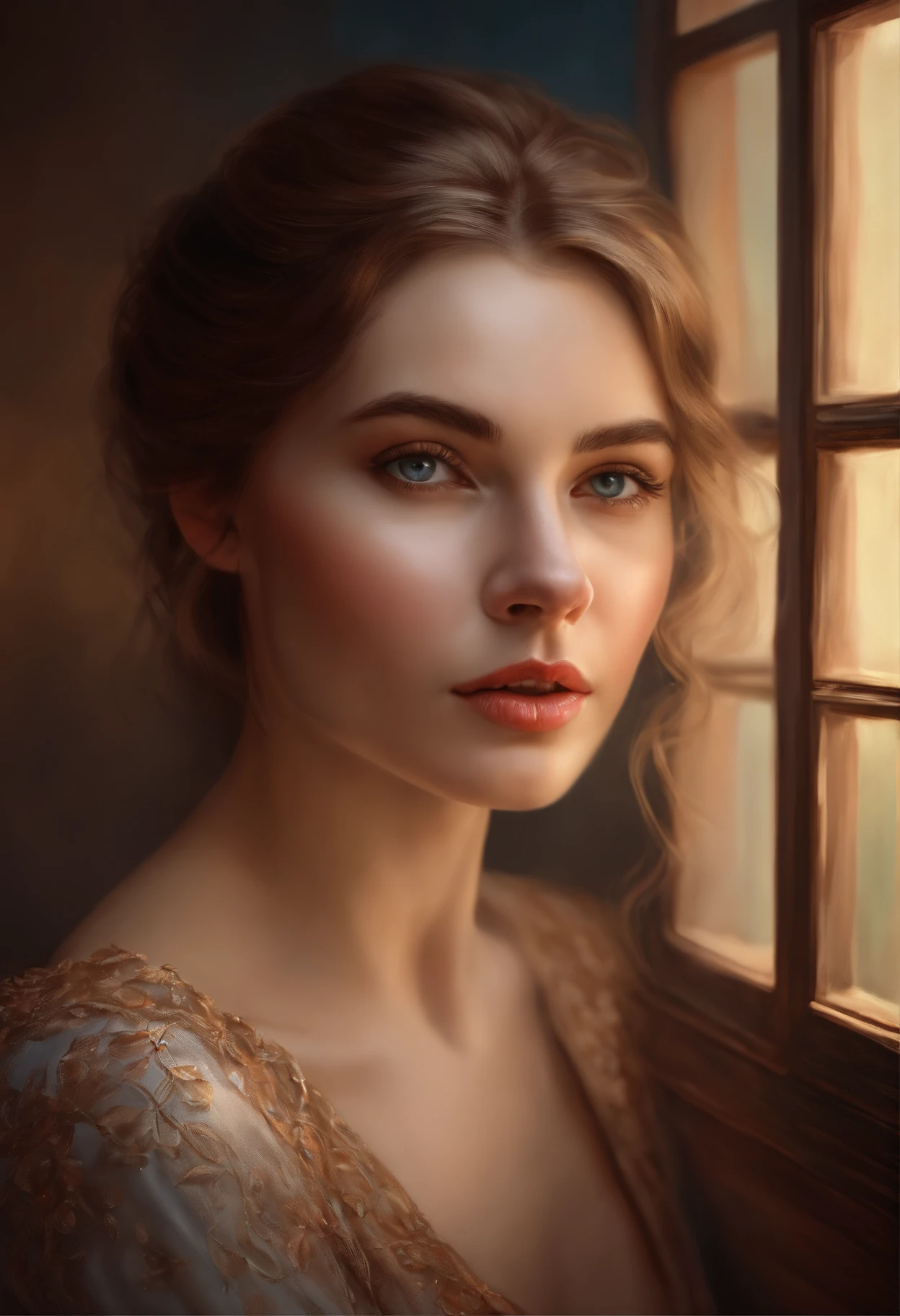 Detailed description of the portrait of the girls. Affiliated woman in a red shirt poses for a photographer in front of the door., fine makeup, Soft, Perfect, pale skin;, smooth, fair skin with good contour, natural soft pale skin, Detailed, flawless face, light makeup accent, blue eyes and a large forehead, portrait full face painting of a, Full-face portrait close-up, Perfectly lit face, soft makeup, Looking away from the cameraGorgeous digital painting, beautiful digital painting, beautiful fantasy art portrait, beautiful digital artwork, Stunning digital painting, beautiful fantasy portrait, fantasy art portrait, beautiful character painting, in the art style of bowater, beautiful digital illustration, fantasy portrait art, stunning digital illustration, beautiful digital art, realistic cute girl painting
