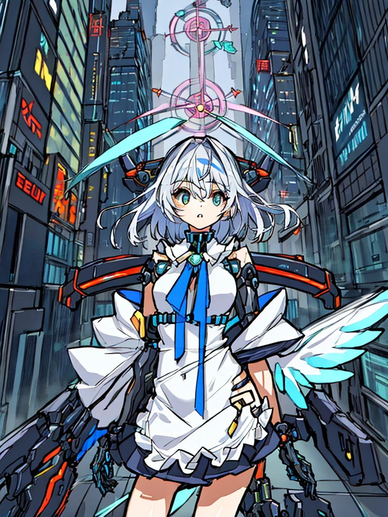 top-quality、ighly detailed、​masterpiece、ultra-detailliert、illustratio、((1girl in))、silber hair、length hair、Floating hair、、Cyber City、Neon building、(The upper part of the body:1.05)、extremely_Detailed_Eyes_And_Face,cybernetic wings mechanical wings、Random posture、Skyscraper、、Mechumusume、shrine maiden clothe,maid clothes、Random angles、anime styled,cowboy  shot