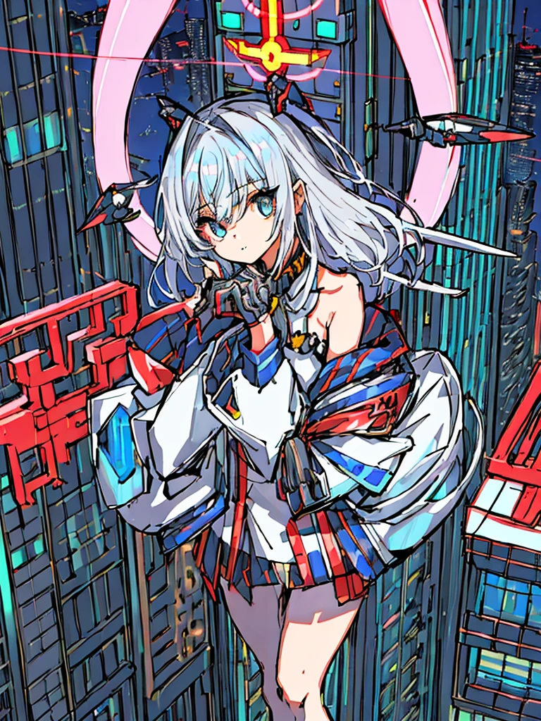 top-quality、ighly detailed、​masterpiece、ultra-detailliert、illustratio、((1girl in))、silber hair、length hair、Floating hair、、Cyber City、Neon building、(The upper part of the body:1.05)、extremely_Detailed_Eyes_And_Face,cybernetic wings mechanical wings、Random posture、Skyscraper、、Mechumusume、shrine maiden clothe,maid clothes、Random angles、anime styled,cowboy  shot