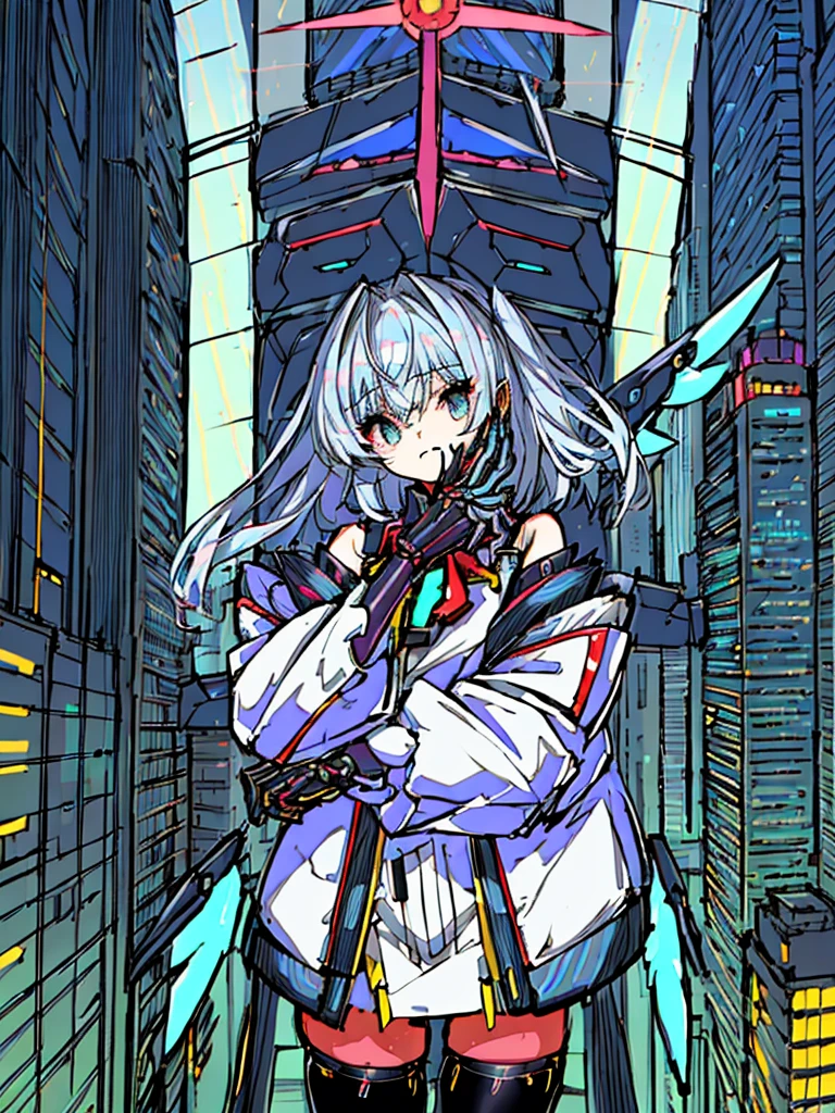 top-quality、ighly detailed、​masterpiece、ultra-detailliert、illustratio、((1girl in))、silber hair、length hair、Floating hair、、Cyber City、Neon building、(The upper part of the body:1.05)、extremely_Detailed_Eyes_And_Face,cybernetic wings mechanical wings、Random posture、Skyscraper、、Mechumusume、shrine maiden clothe,maid clothes、Random angles、anime styled,cowboy  shot